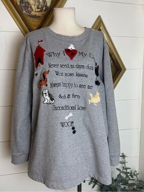QUACKER FACTORY "Why I Love My Dog" Gray Crew Neck Sweatshirt Tunic Shirt Large
